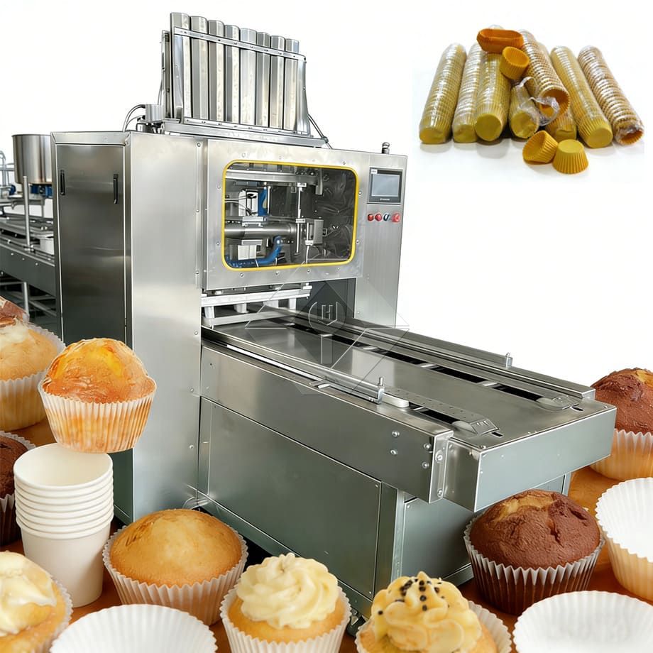 Linha de produção automática de muffin, preço de fábrica, mini máquina industrial de fazer bolos para colocar papéis de cupcake